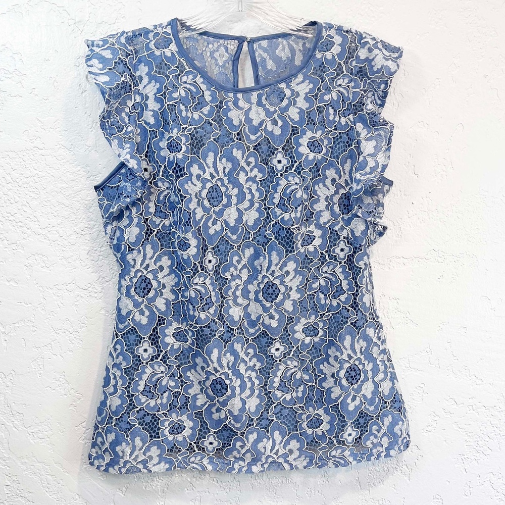 White House Black Market Blue Lace Top, Cap Sleeve, Sz 4, Keyhole Closure, Party
